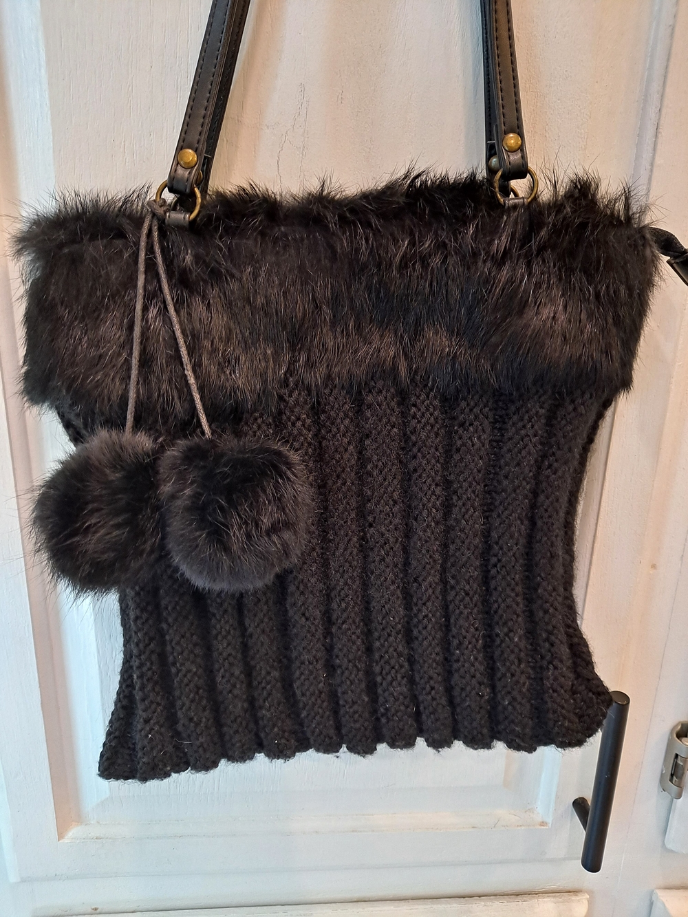Murval Paris Vintage Black Faux Fur Cable Knit Shoulder Handbag with Pom Poms